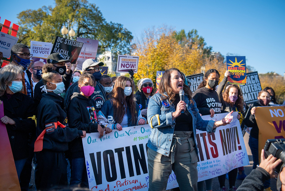 LWVUS CEO Virginia Kase Solomón at a protest for voting rights