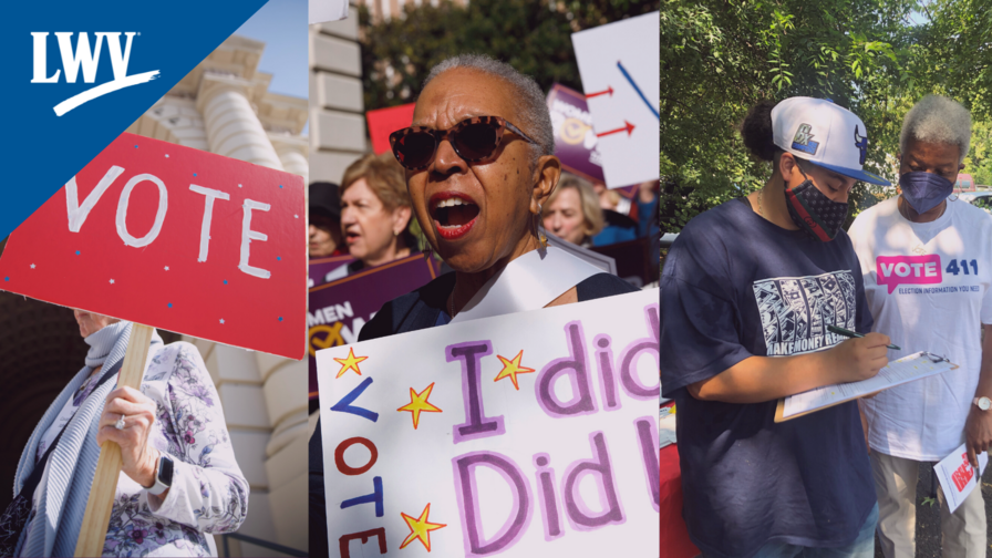 Three pictures of people volunteering in voting rights