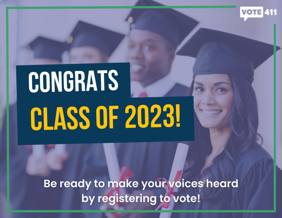 A line of graduates in caps and gowns behind the text "Congrats class of 2023!"